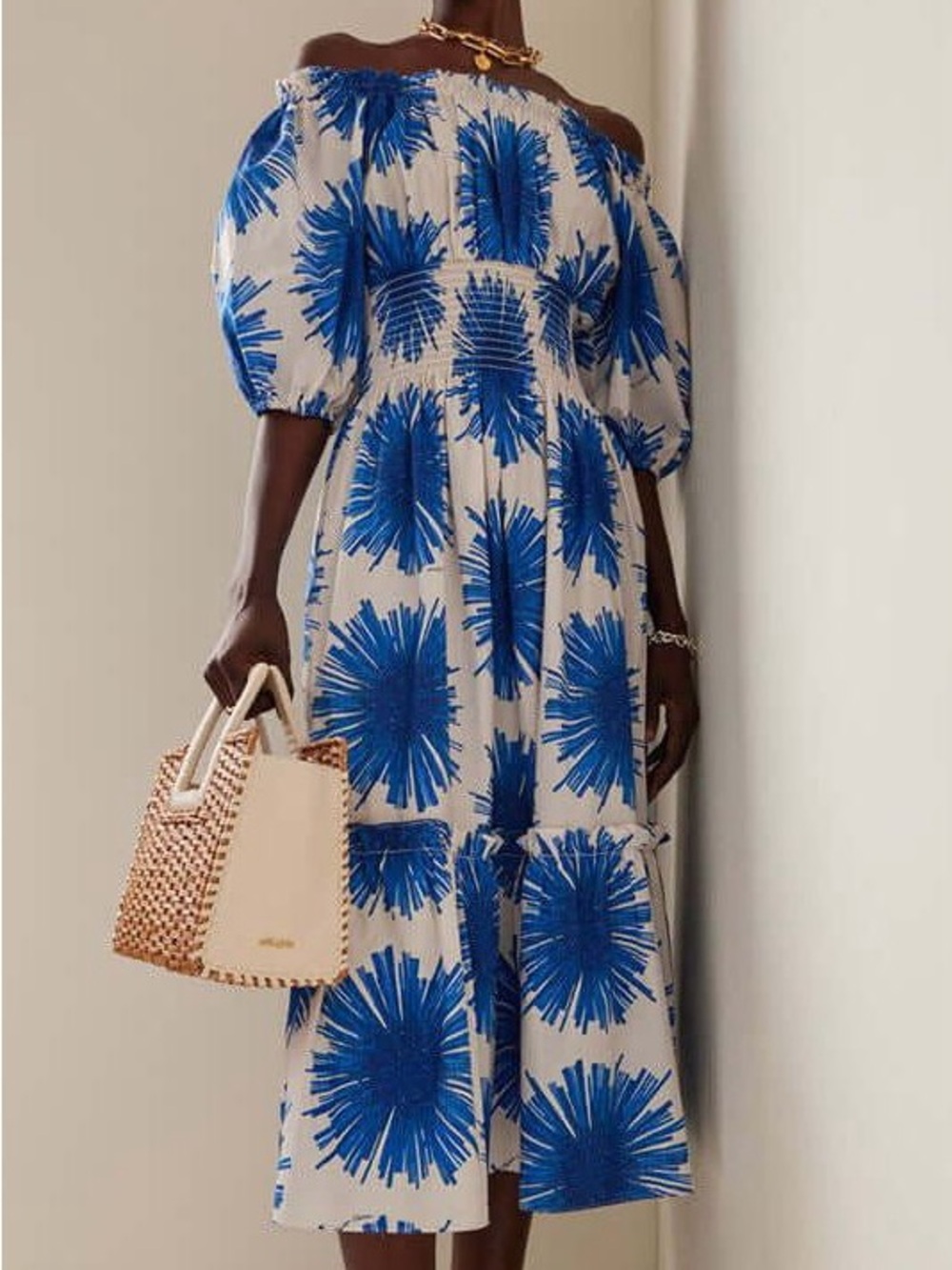 Cara Cara Off the Shoulder Midi Dress White Blue Floral Print XS $595